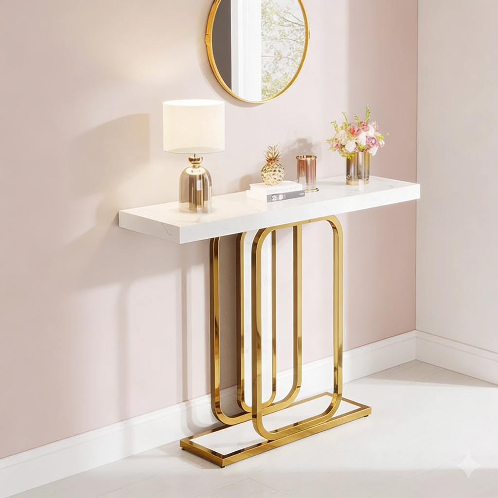 Sleek Marble Console Featuring White Marble and Gold Rectangle Frame