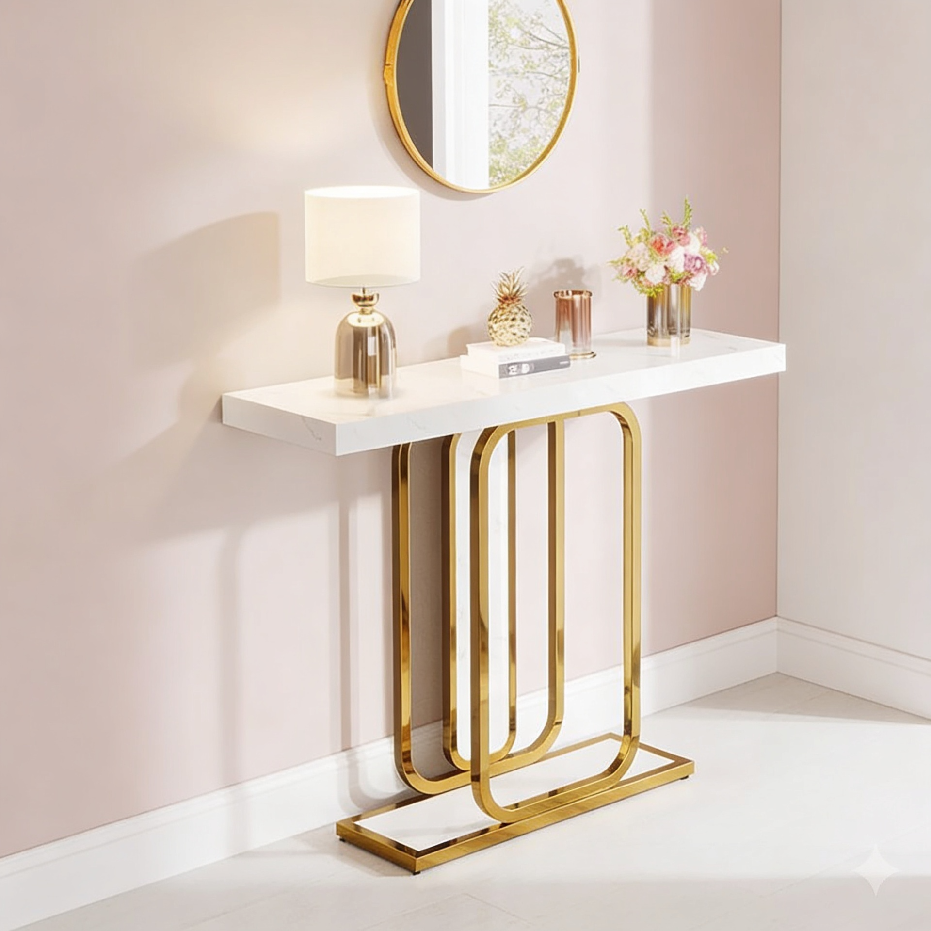 Sleek Marble Console Featuring White Marble and Gold Rectangle Frame