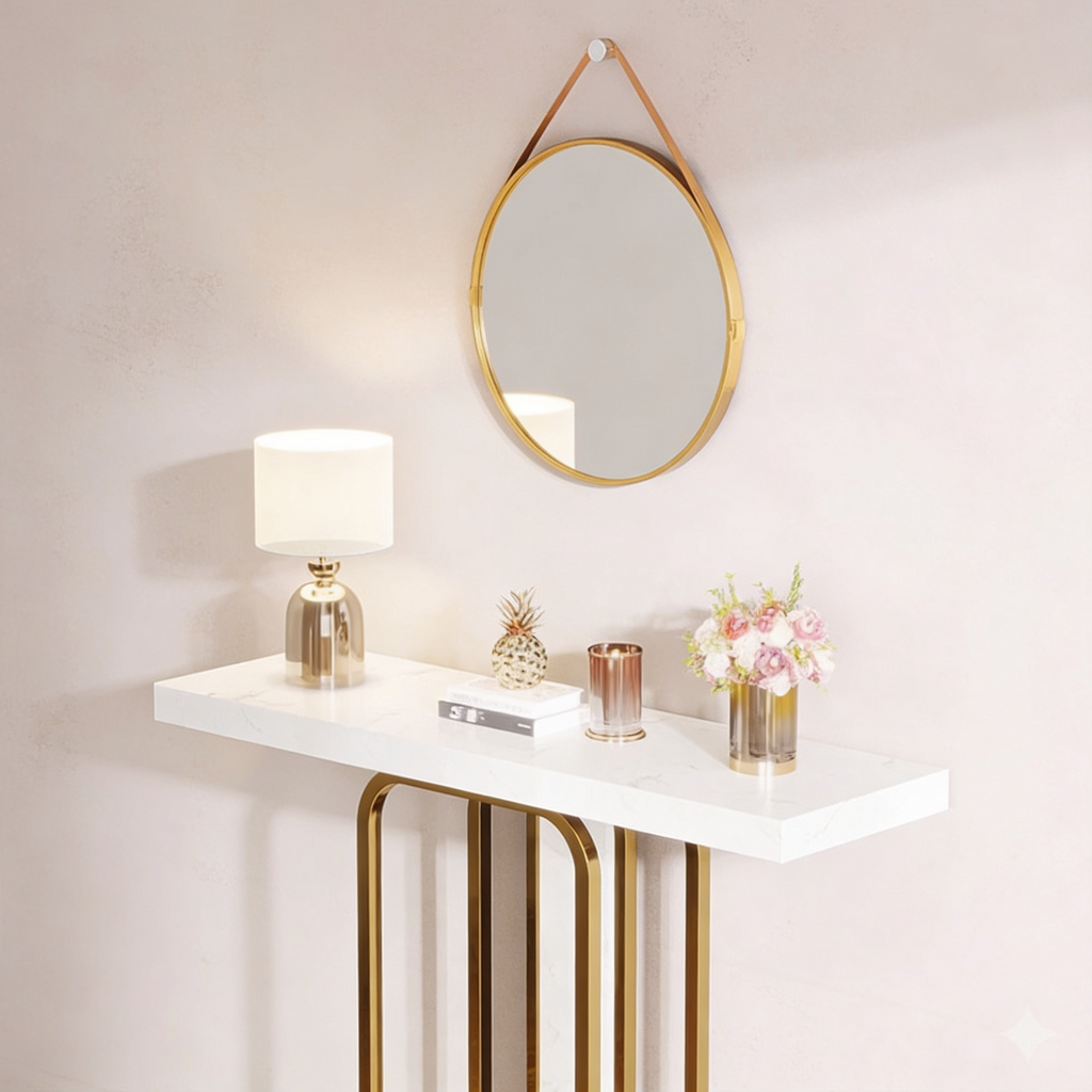 Sleek Marble Console Featuring White Marble and Gold Rectangle Frame