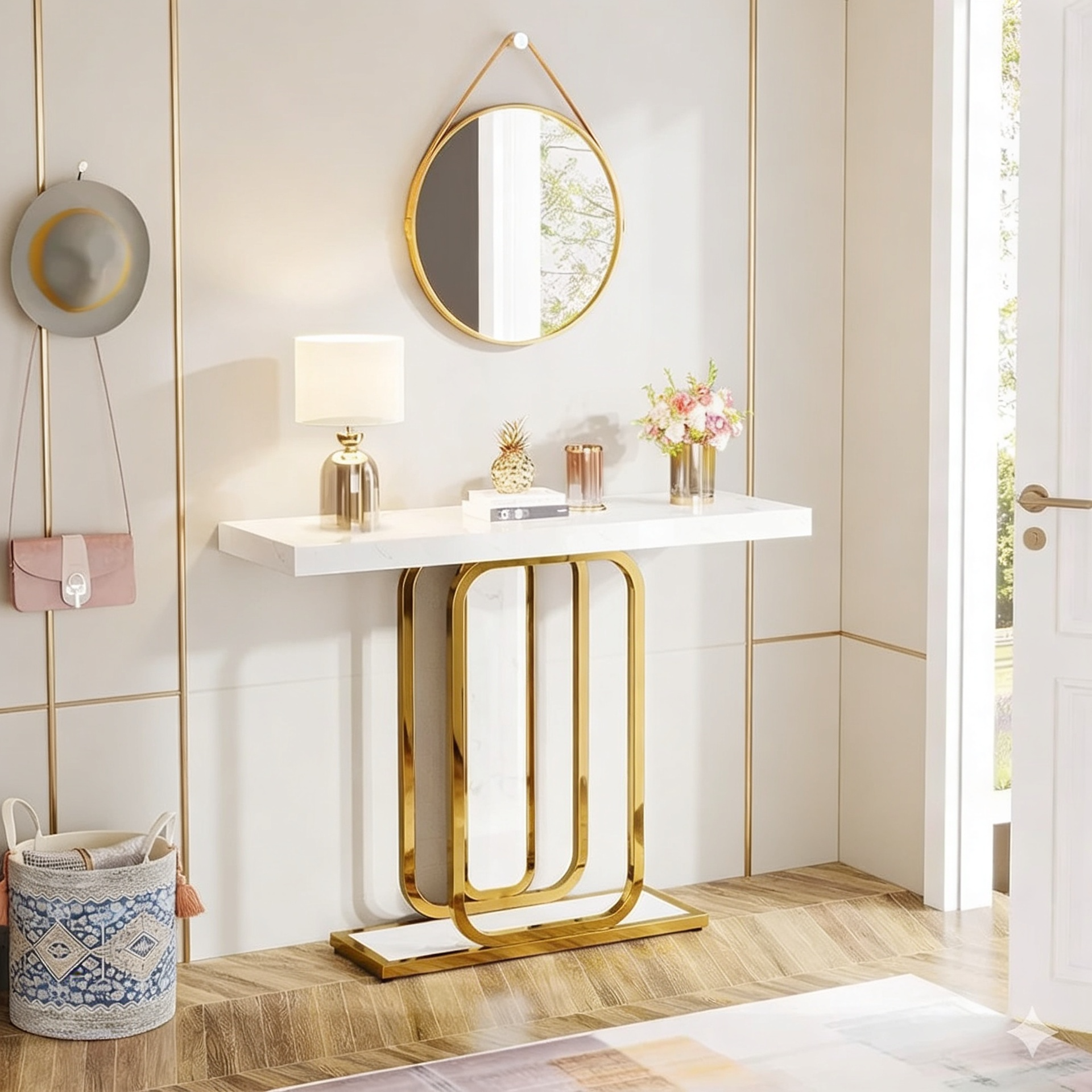 Sleek Marble Console Featuring White Marble and Gold Rectangle Frame