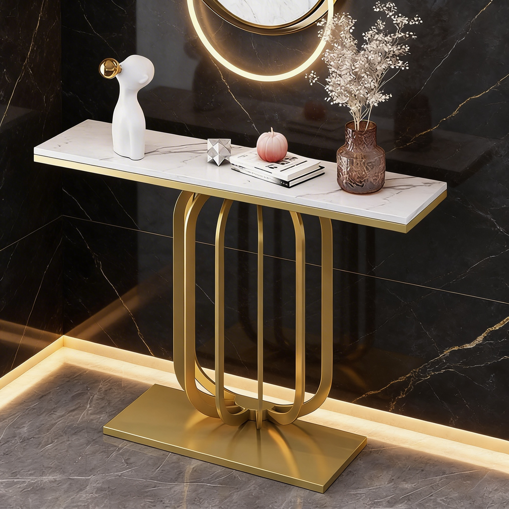 Modern Marble Console Table with Artistic Gold Vertical Loop Base