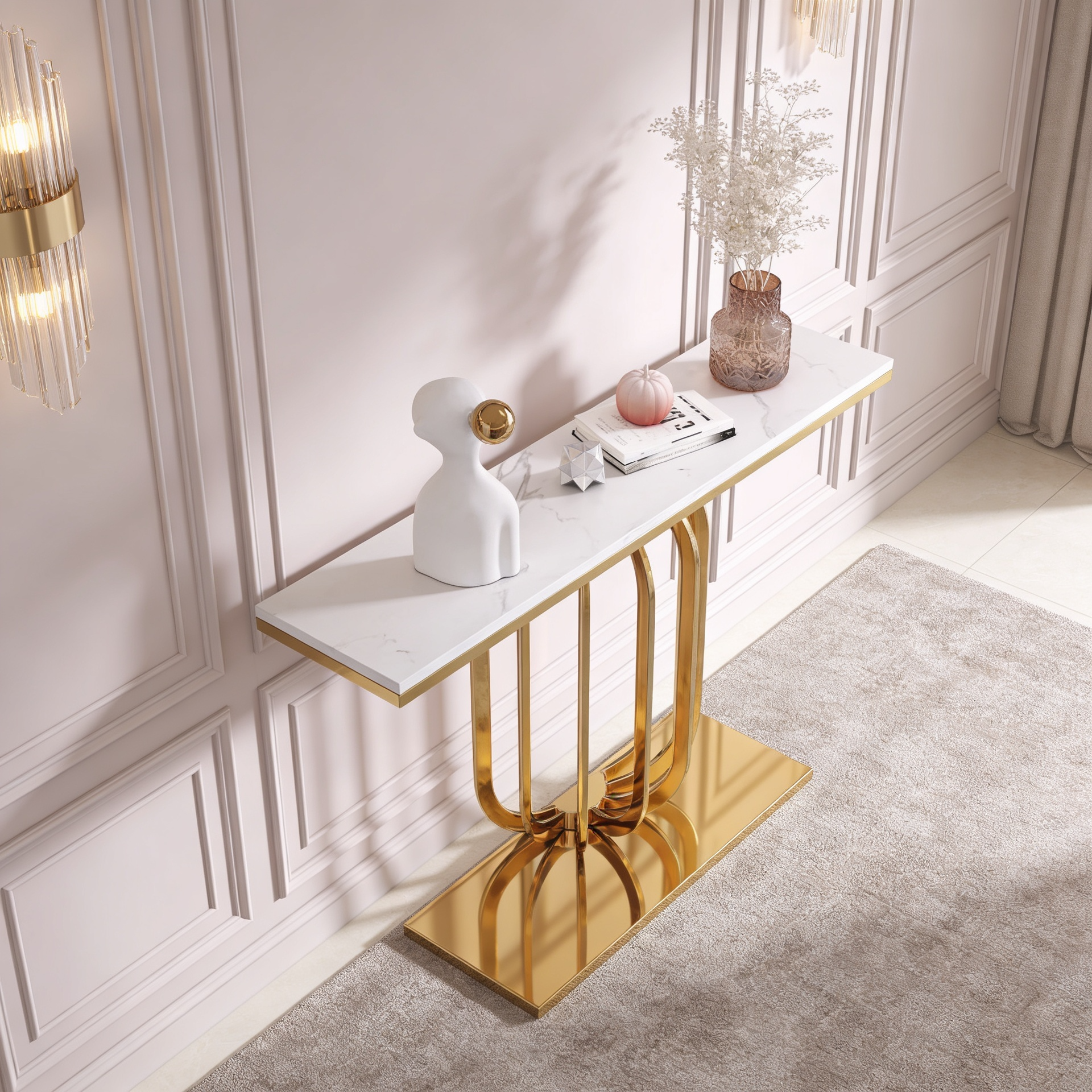 Modern Marble Console Table with Artistic Gold Vertical Loop Base