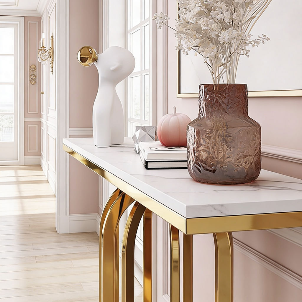 Modern Marble Console Table with Artistic Gold Vertical Loop Base