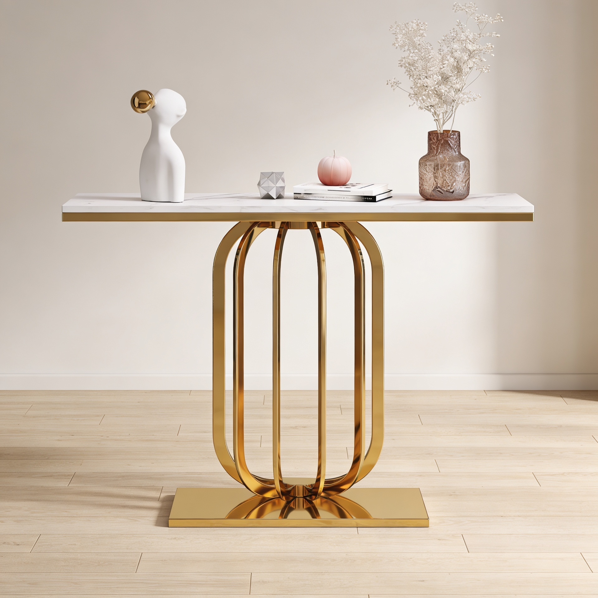 Modern Marble Console Table with Artistic Gold Vertical Loop Base
