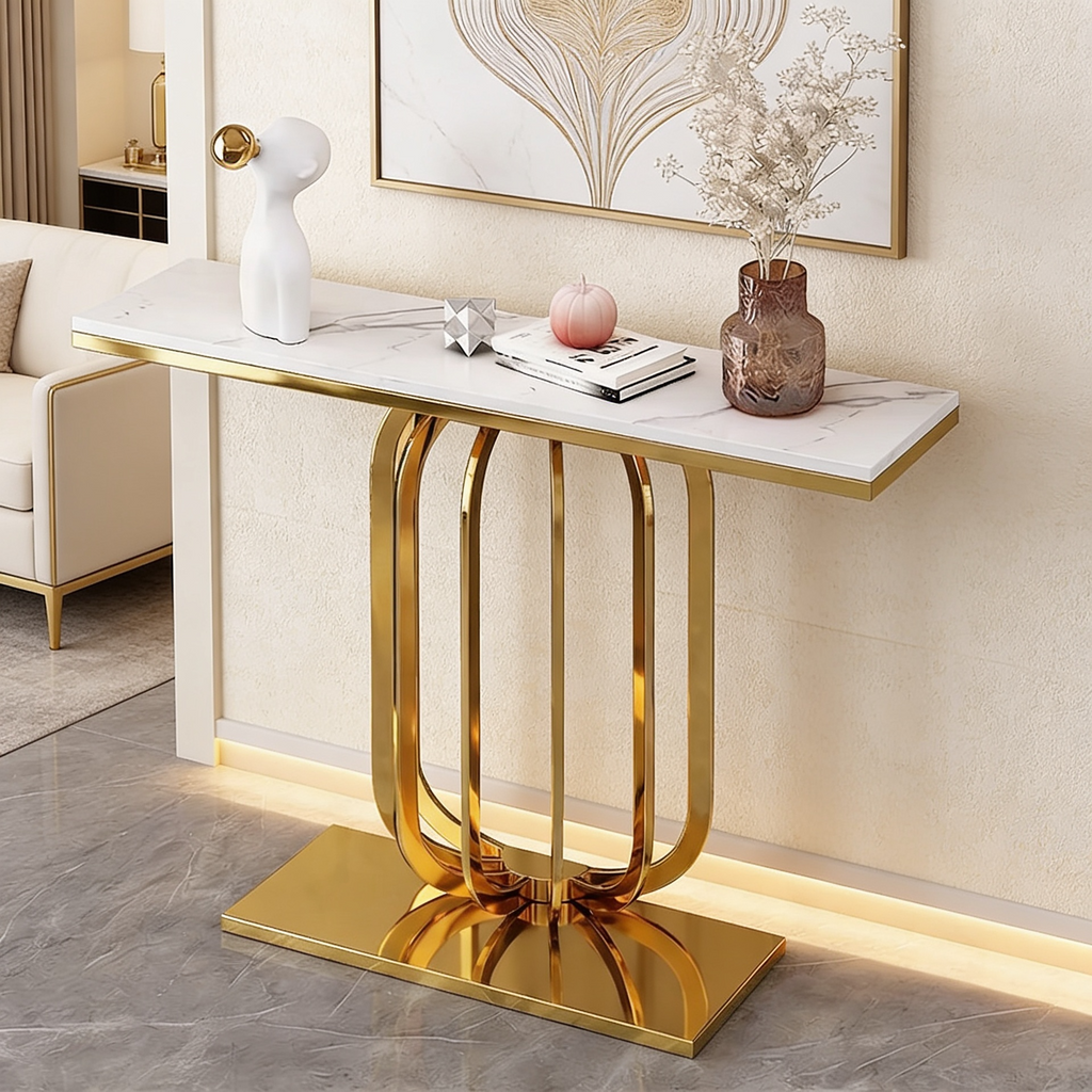 Modern Marble Console Table with Artistic Gold Vertical Loop Base