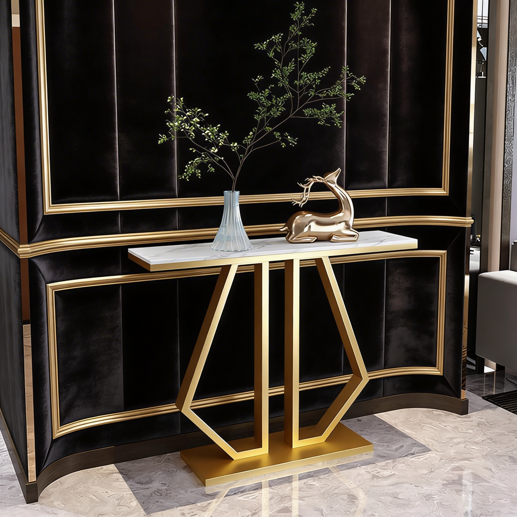 Modern Marble Console Featuring Bold Angular Gold Base with Artistic Flair