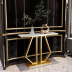 Modern Marble Console Featuring Bold Angular Gold Base with Artistic Flair