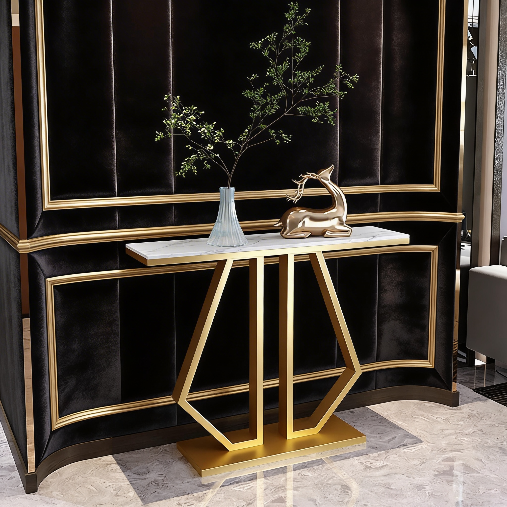 Modern Marble Console Featuring Bold Angular Gold Base with Artistic Flair