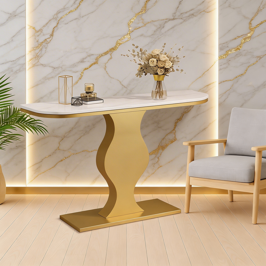 Elegant Curvy Gold Console Table with Sleek White Marble Top