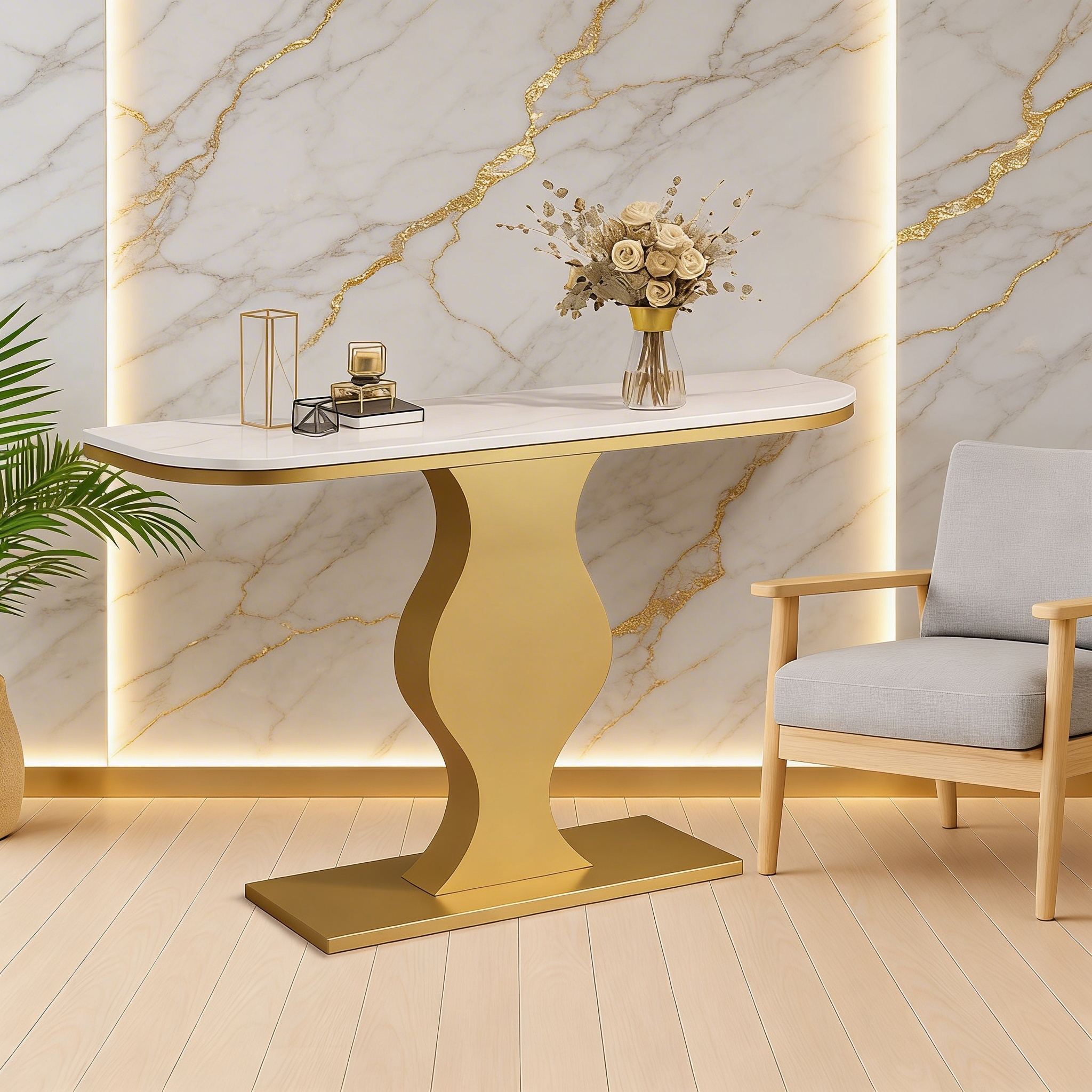 Elegant Curvy Gold Console Table with Sleek White Marble Top