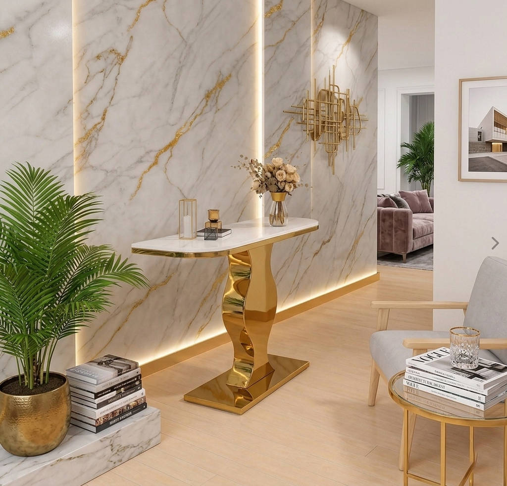 Elegant Curvy Gold Console Table with Sleek White Marble Top