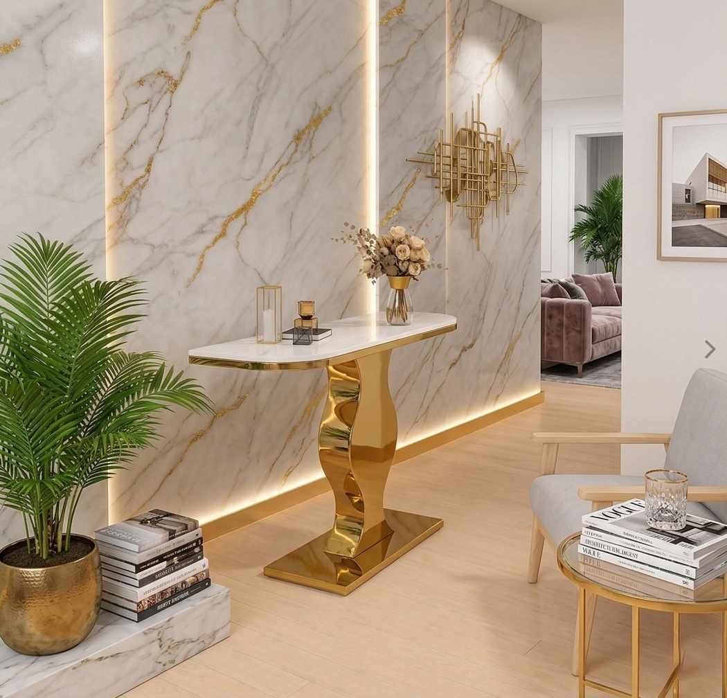 Elegant Curvy Gold Console Table with Sleek White Marble Top