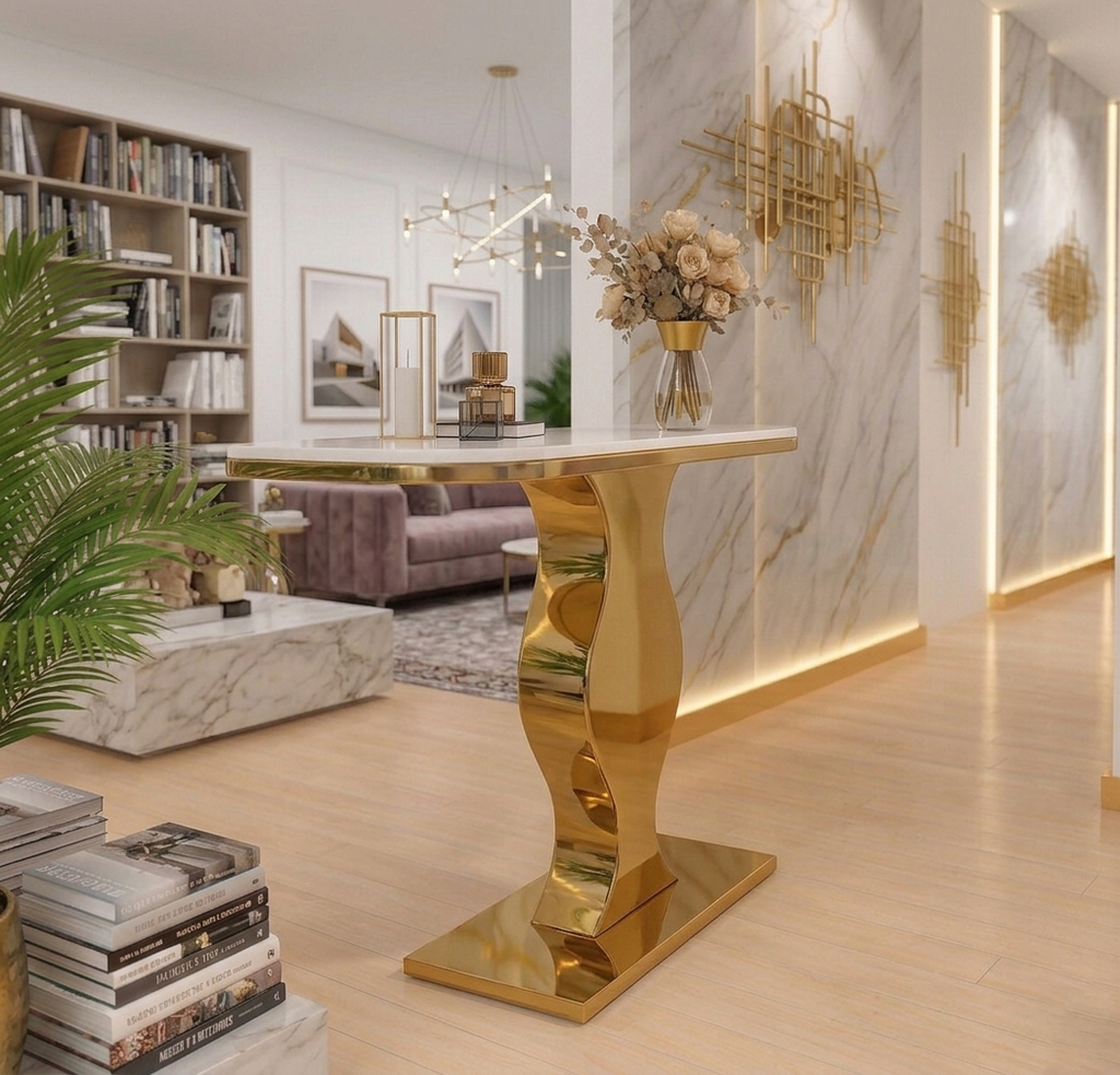 Elegant Curvy Gold Console Table with Sleek White Marble Top