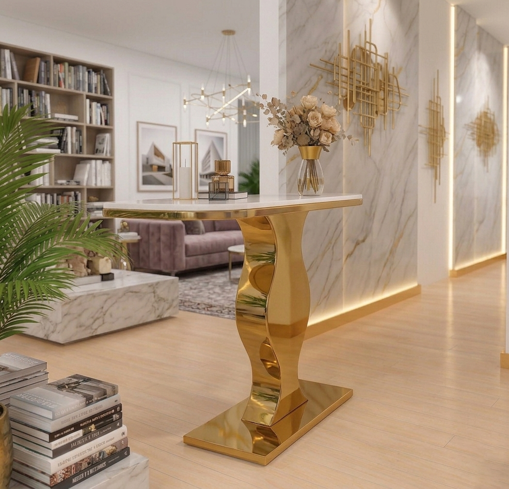 Elegant Curvy Gold Console Table with Sleek White Marble Top