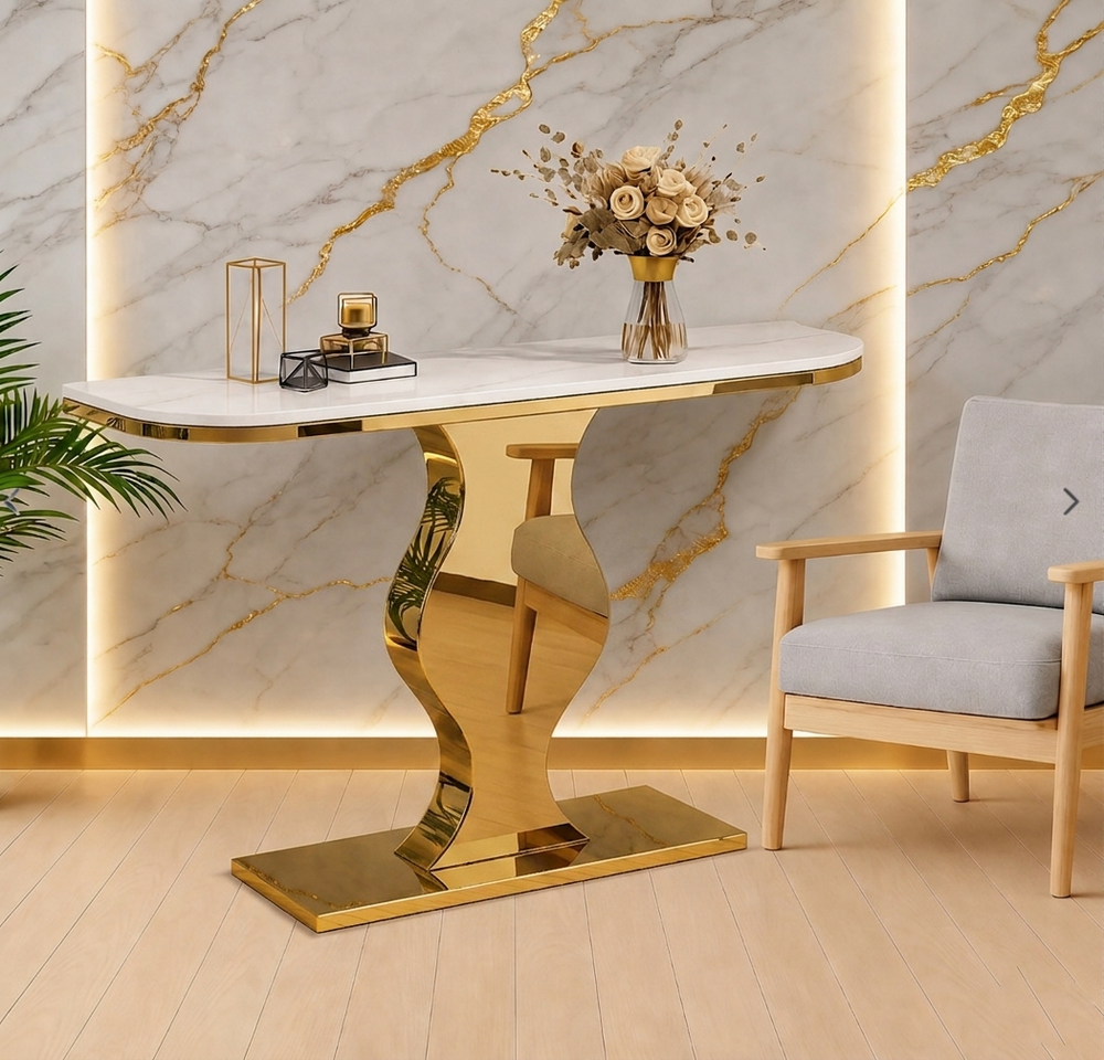 Elegant Stainless Steel PVD Console Table with High-Gloss Gold Finish and White Marble Top for Home decor