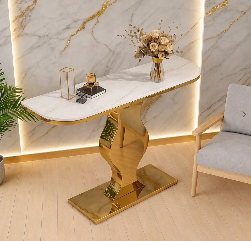 Elegant Curvy Gold Console Table with Sleek White Marble Top