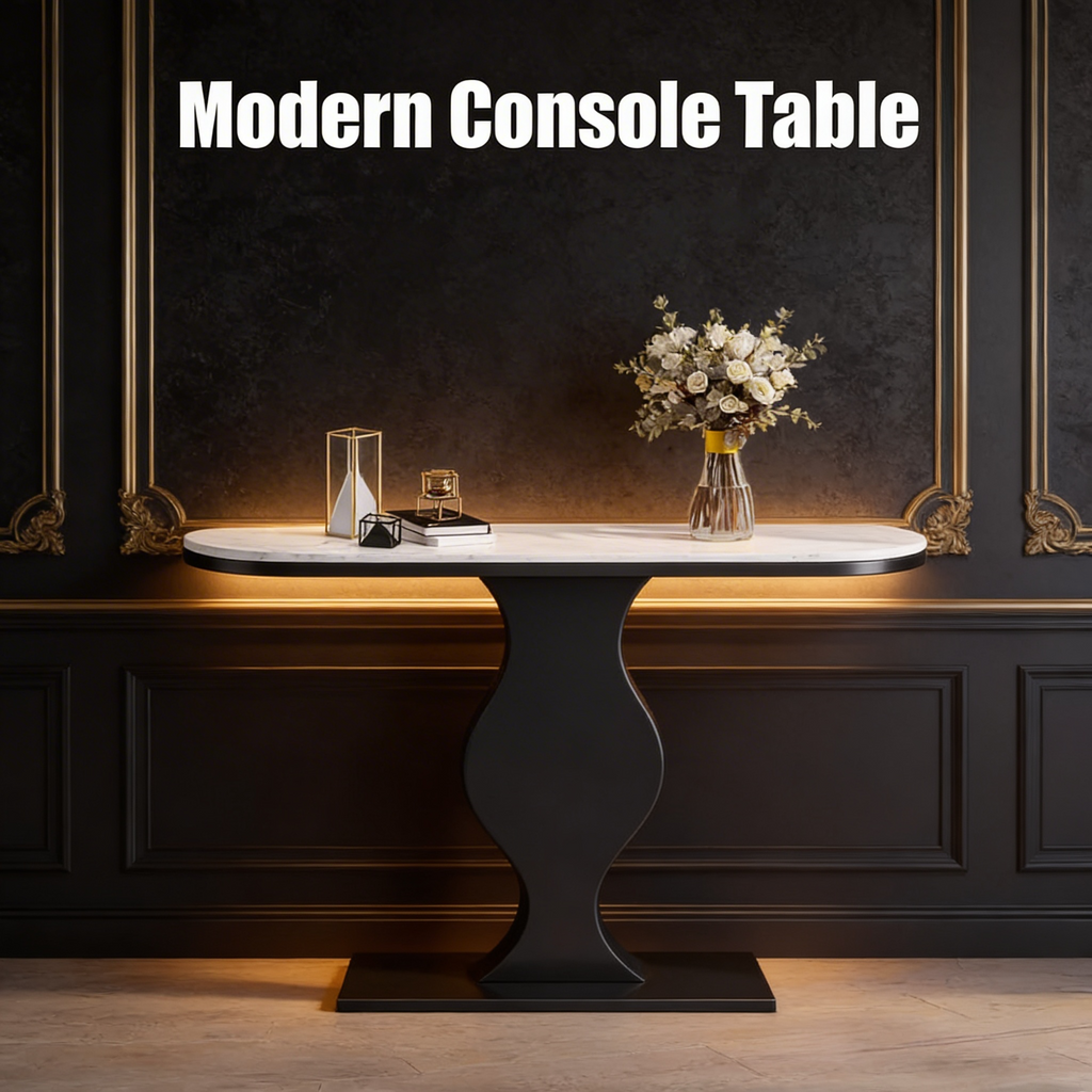 Elegant Curvy Black Console Table with Sleek White Marble Top