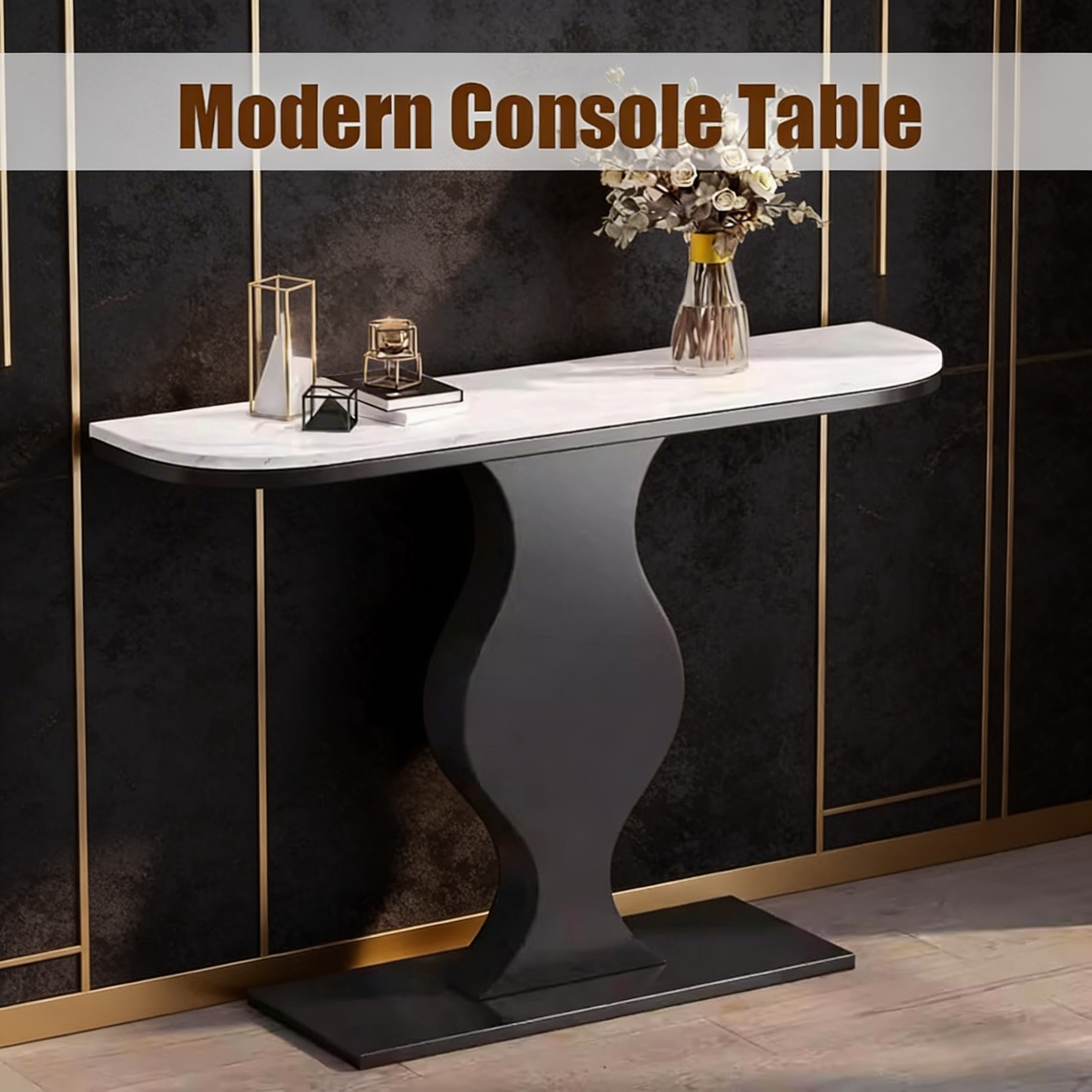 Elegant Curvy Black Console Table with Sleek White Marble Top