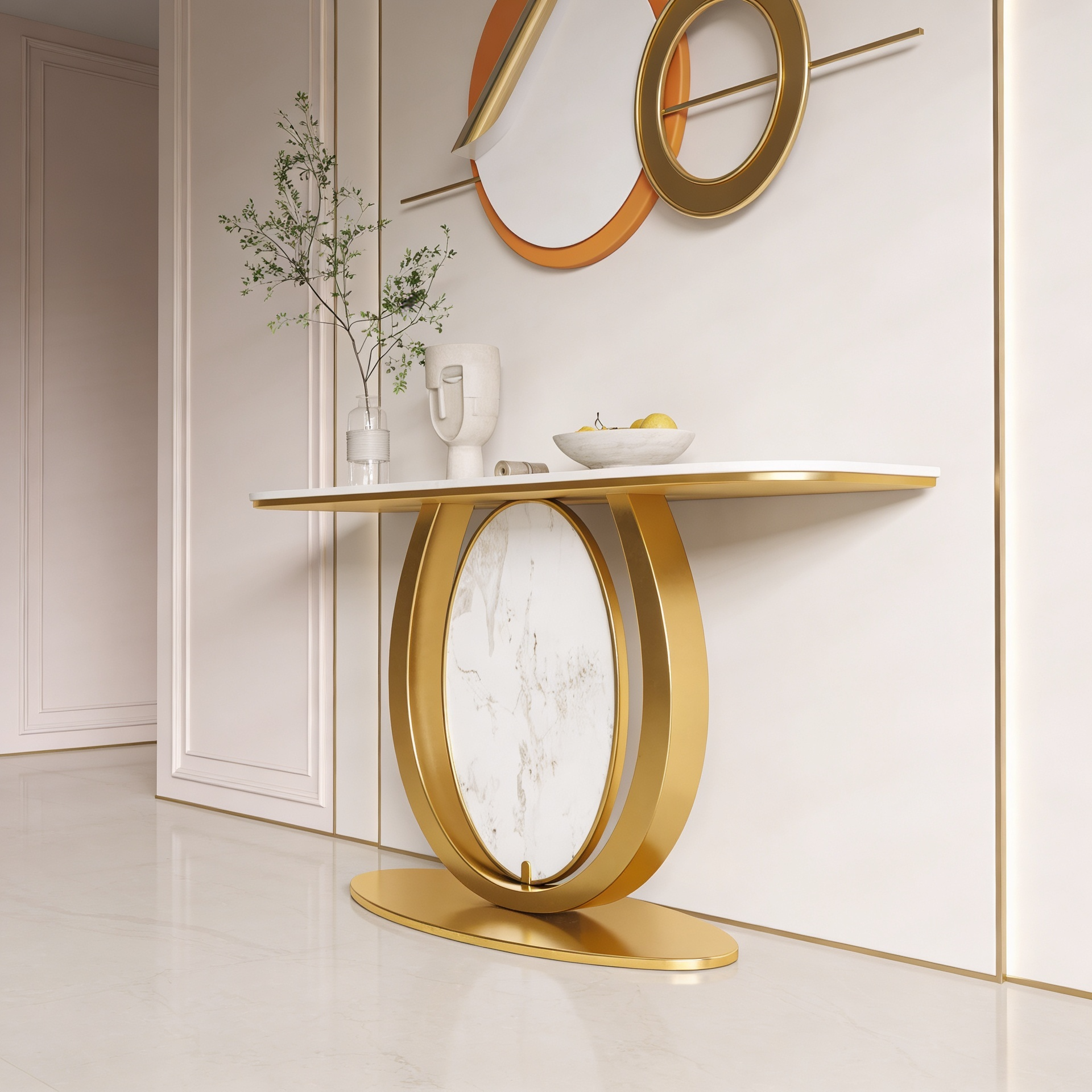 Modern Gold Console Table Featuring Oval Marble Inlay and Curved Design