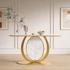 Modern Gold Console Table Featuring Oval Marble Inlay and Curved Design