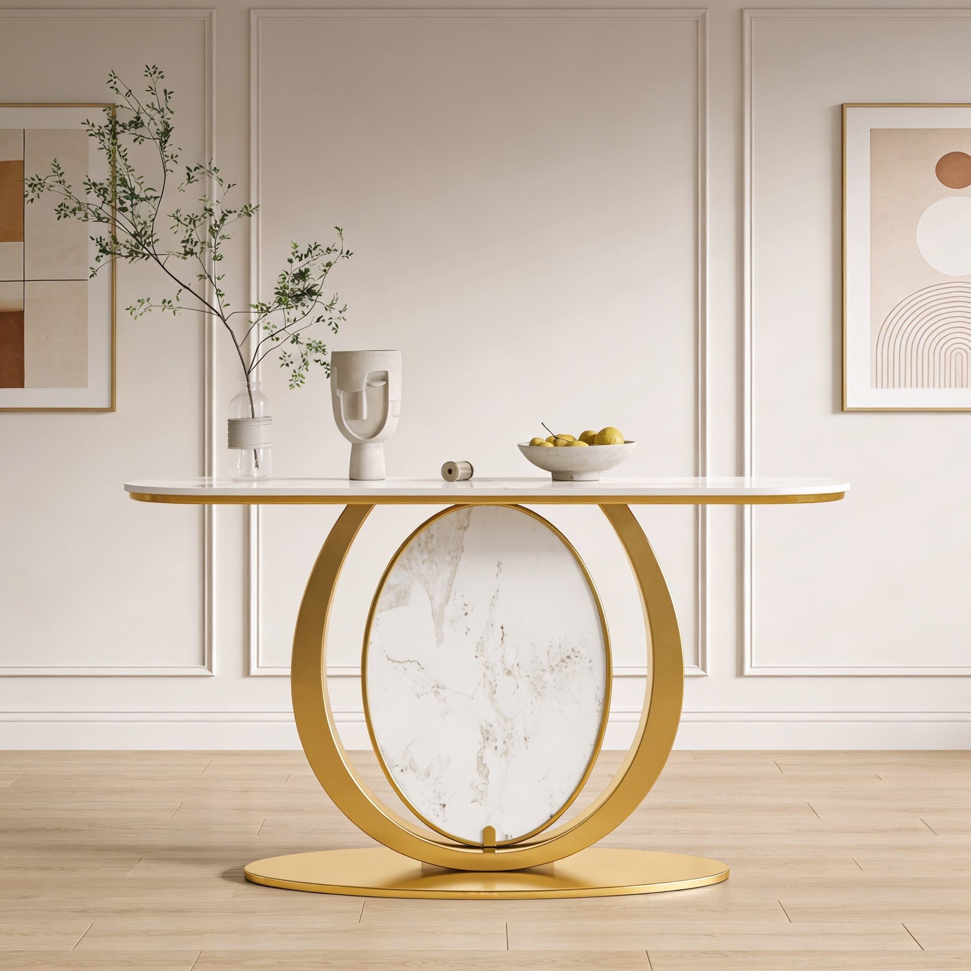 Modern Gold Console Table Featuring Oval Marble Inlay and Curved Design