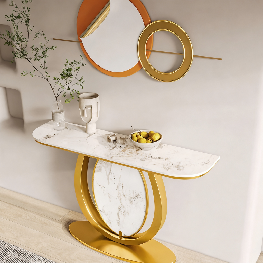 Modern Gold Console Table Featuring Oval Marble Inlay and Curved Design