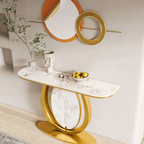 Modern Gold Console Table Featuring Oval Marble Inlay and Curved Design