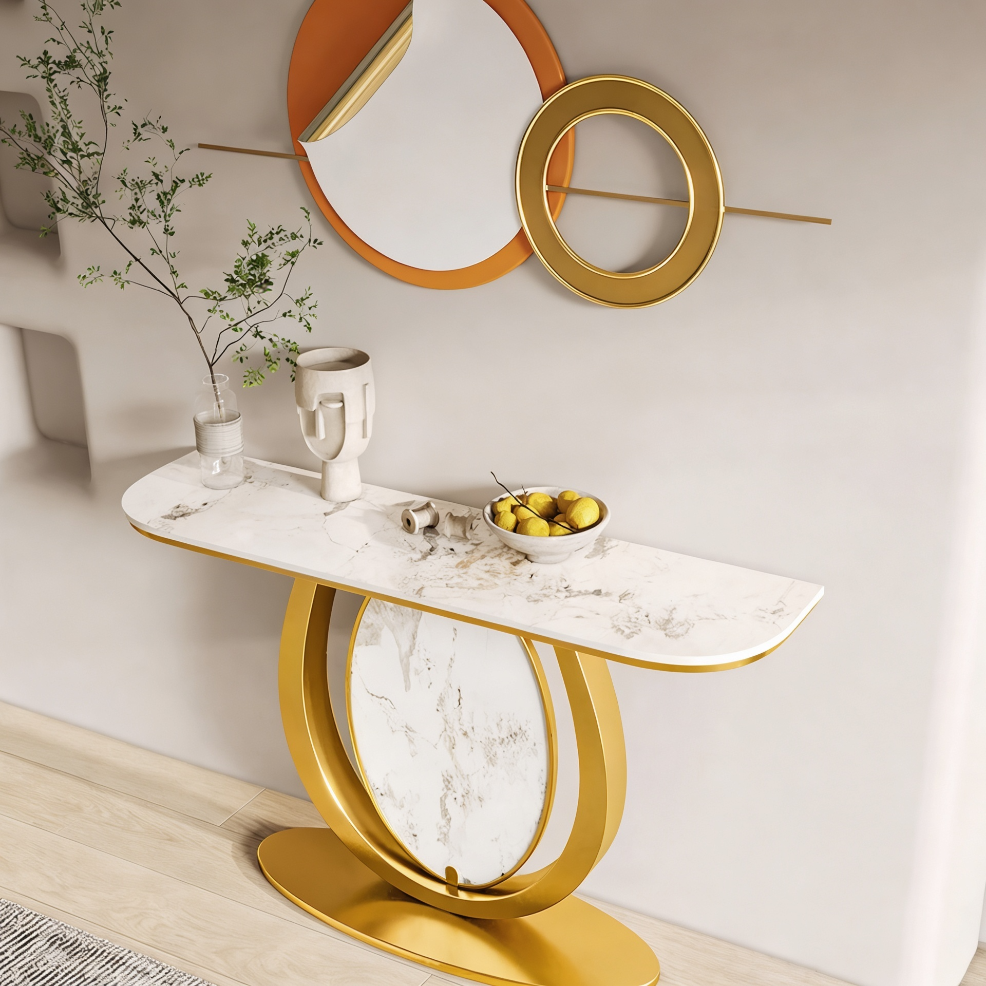 Modern Gold Console Table Featuring Oval Marble Inlay and Curved Design