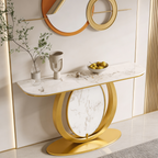 Modern Gold Console Table Featuring Oval Marble Inlay and Curved Design
