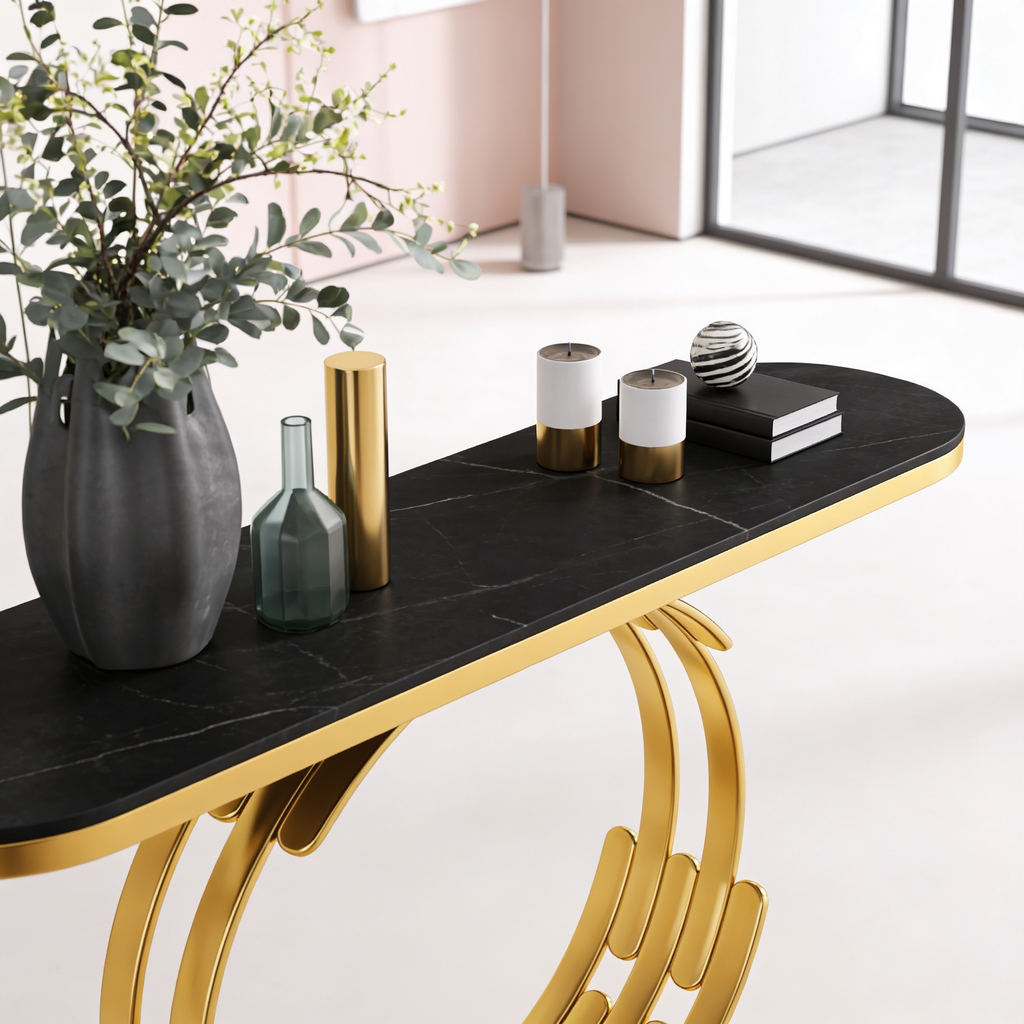 Luxurious Gold Circular Ring Console Table with Sleek Black Marble Top