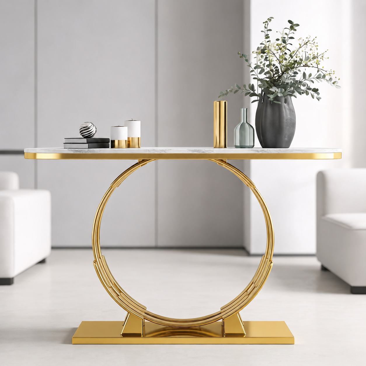 Luxurious Gold Circular Ring Console Table with Sleek White Marble Top