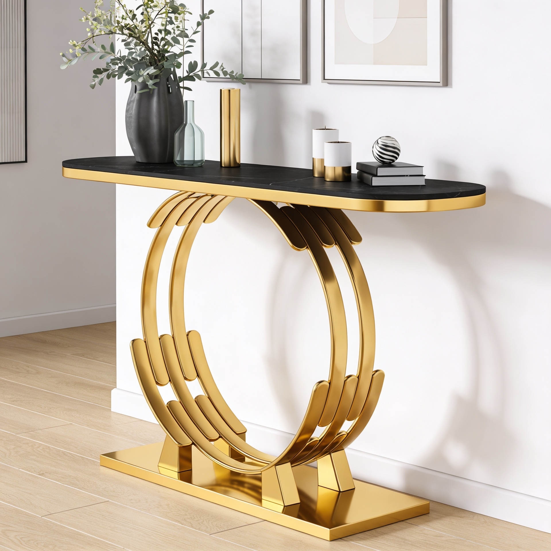 Luxurious Gold Circular Ring Console Table with Sleek White Marble Top
