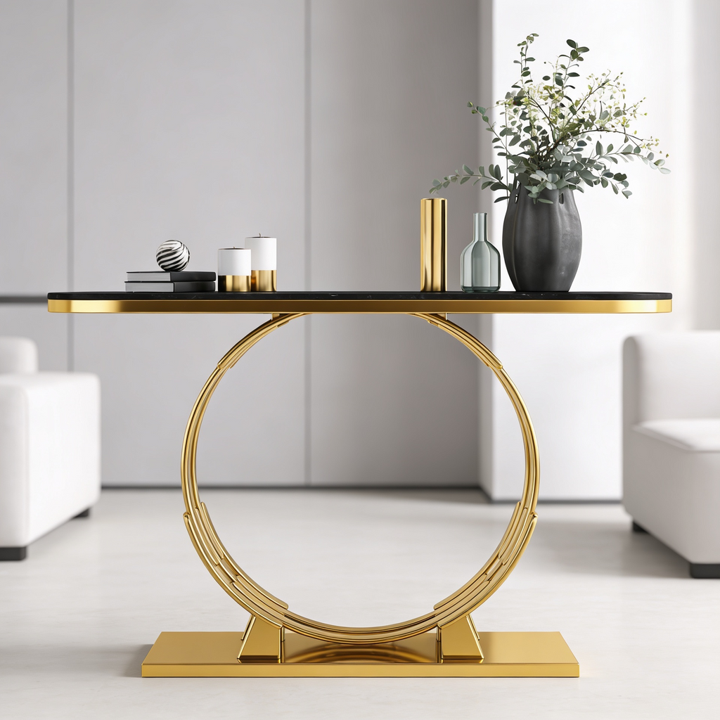 Luxurious Gold Circular Ring Console Table with Sleek White Marble Top