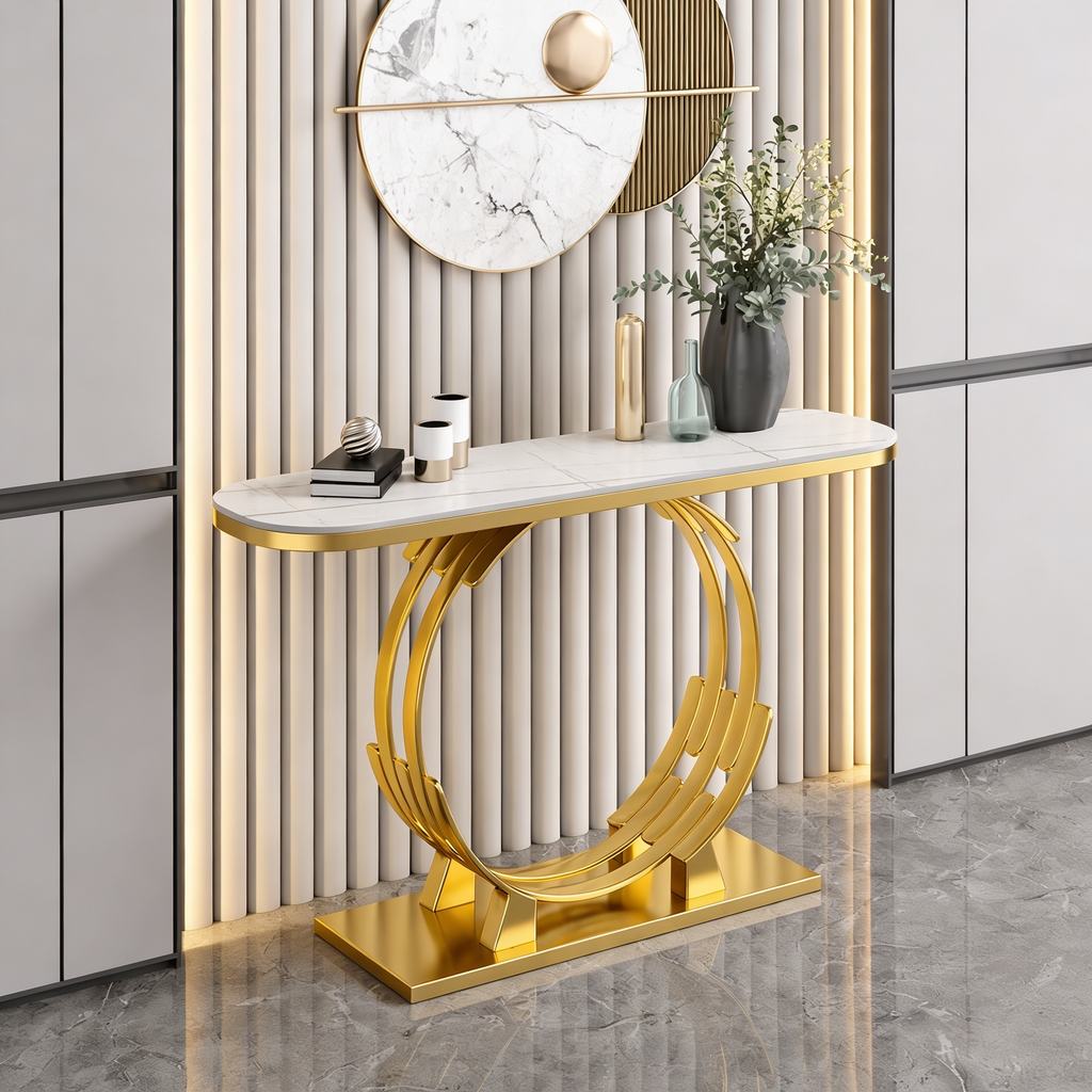 Luxurious Gold Circular Ring Console Table with Sleek White Marble Top