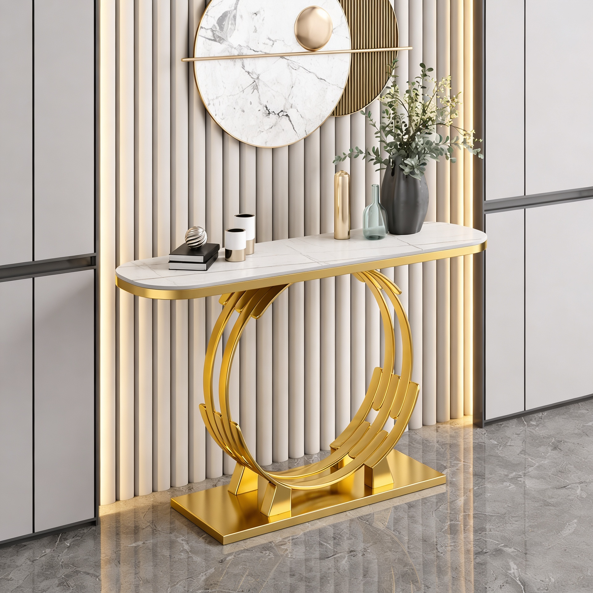 Luxurious Gold Circular Ring Console Table with Sleek White Marble Top