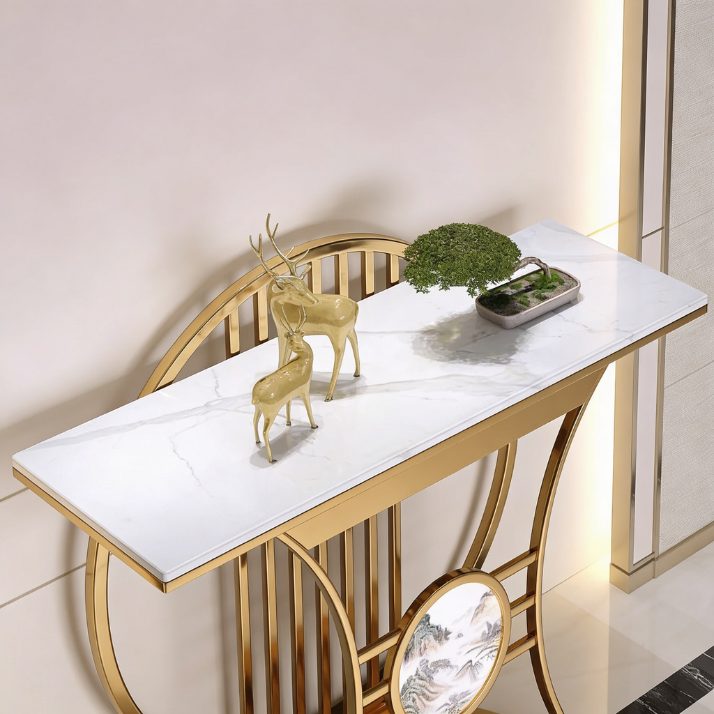 Modern Gold Console Table Featuring Circular Motif and Marble Surface