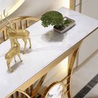 Modern Gold Console Table Featuring Circular Motif and Marble Surface