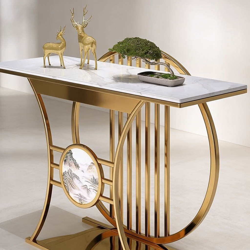 Modern Gold Console Table Featuring Circular Motif and Marble Surface