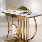 Modern Gold Console Table Featuring Circular Motif and Marble Surface