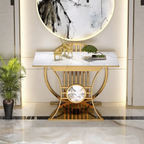 Modern Gold Console Table Featuring Circular Motif and Marble Surface