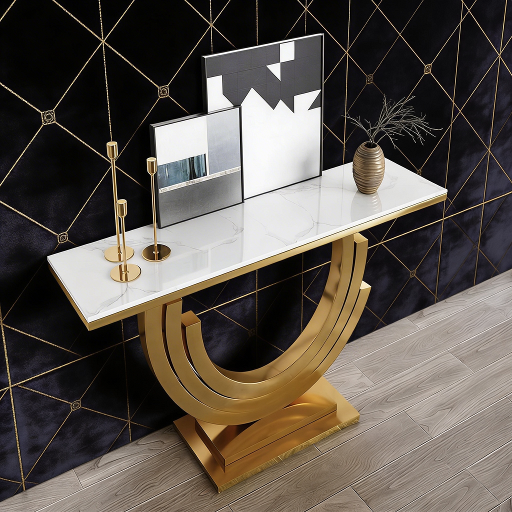 Luxury Marble and Gold Console Table Stunning Arch Design for Spacious Entryways