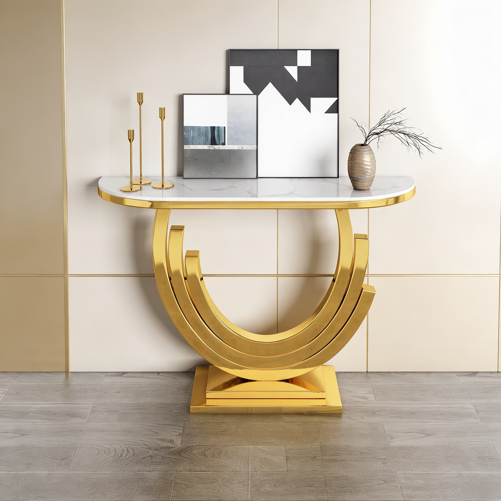 Luxury Marble and Gold Console Table Stunning Arch Design for Spacious Entryways