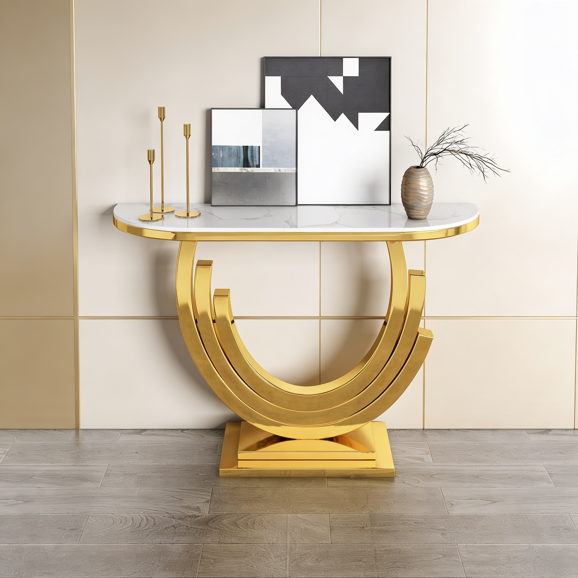Luxury Marble and Gold Console Table Stunning Arch Design for Spacious Entryways