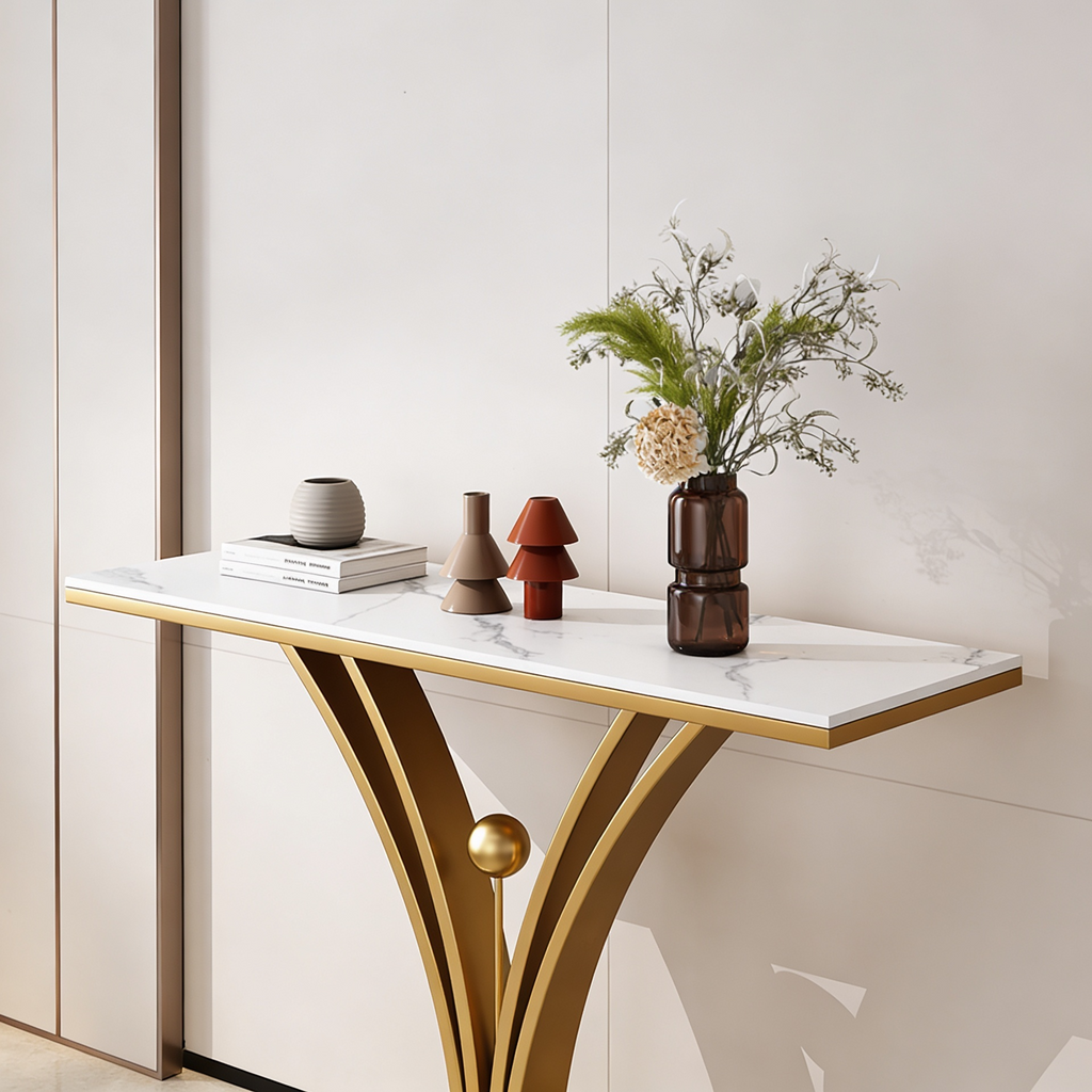 Modern Gold Base Console Table with Sleek White Marble Top