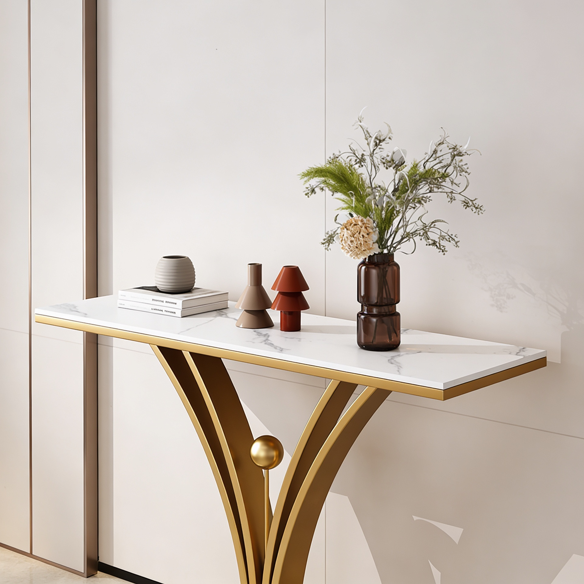 Modern Gold Base Console Table with Sleek White Marble Top