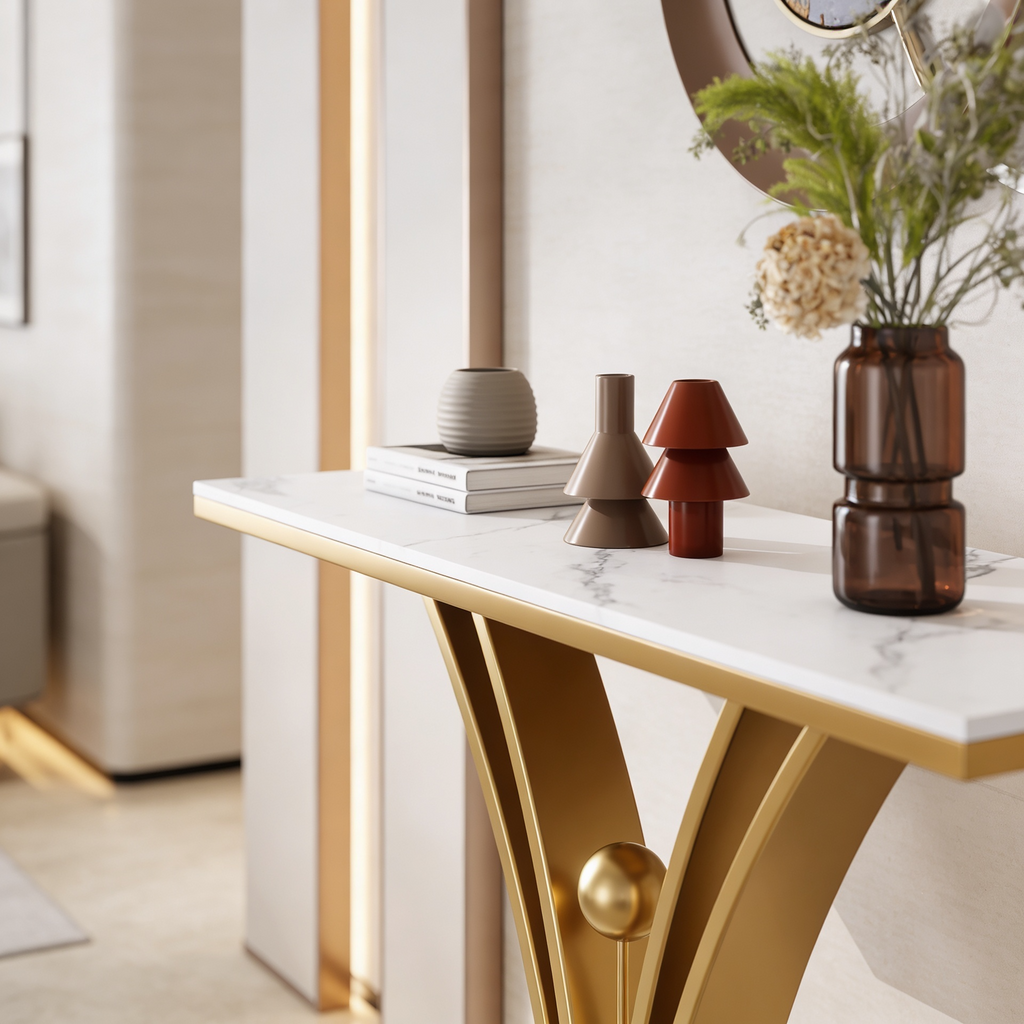 Modern Gold Base Console Table with Sleek White Marble Top