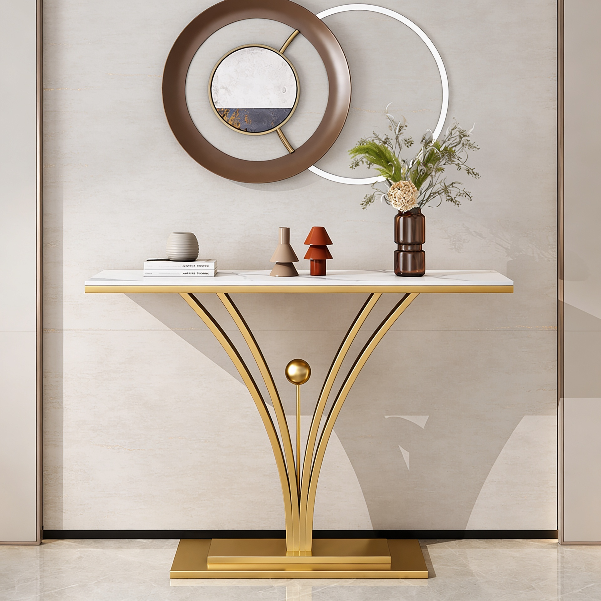 Modern Gold Base Console Table with Sleek White Marble Top