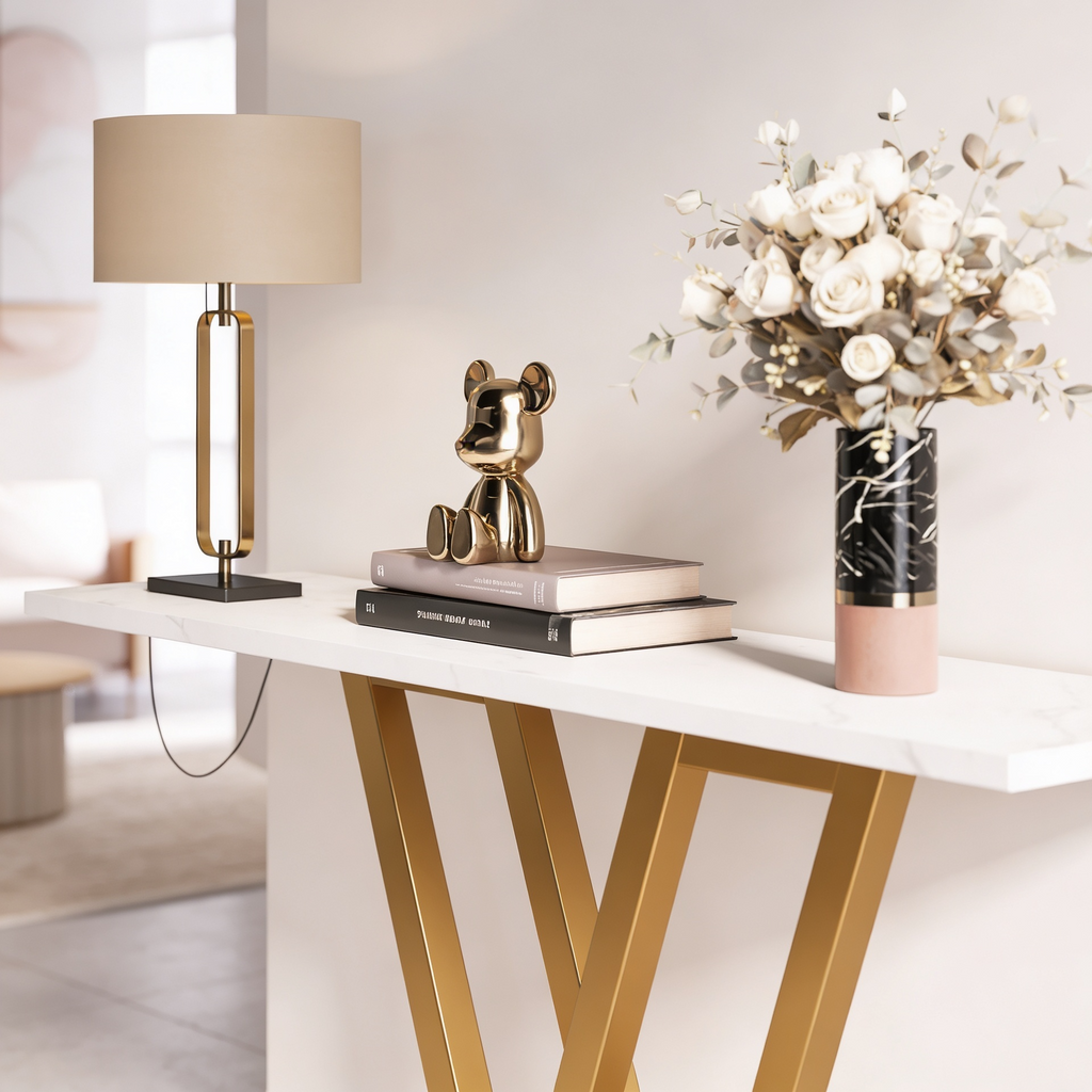 Modern Gold V-Shaped Base Console Table with White Marble Top