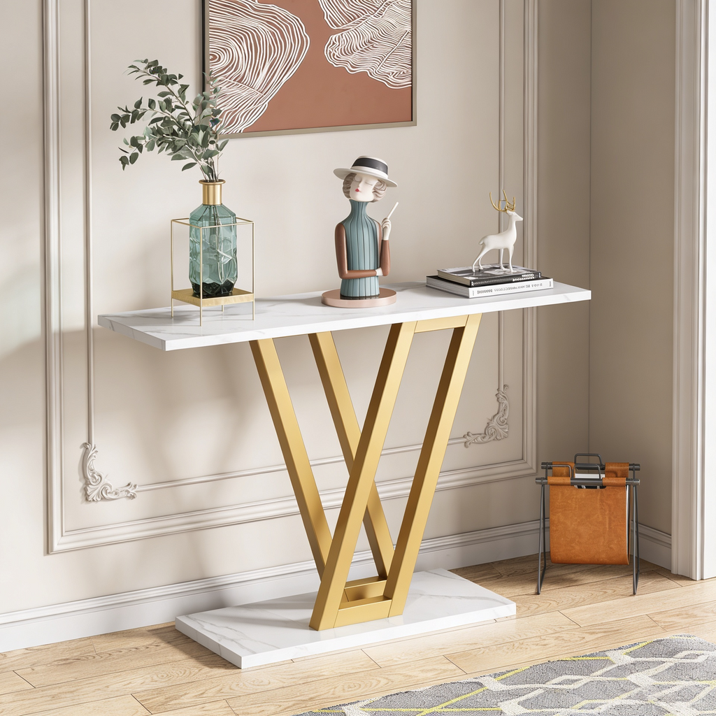 Modern Gold V-Shaped Base Console Table with White Marble Top