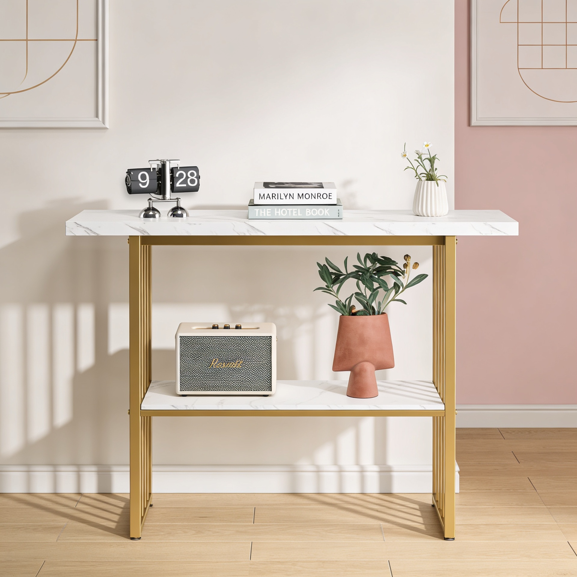 Modern Gold Frame Console Table with Marble Top and Lower Shelf